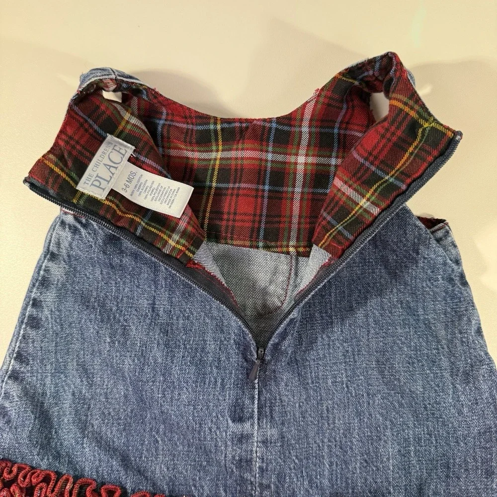 The Children's Place 3-6 Month Denim‎ Jumper Red Plaid Ruffles Fall Christmas